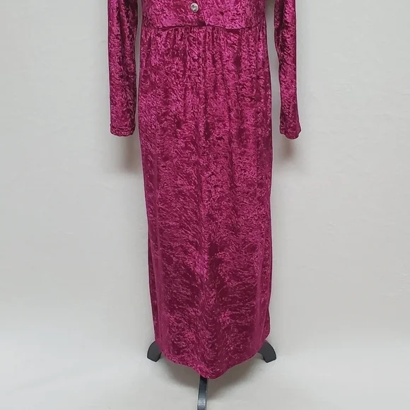 80s Vintage Cervelle Burgundy Crushed Velvet Regencycore Long Sleeve Midi Dress - Picture 7 of 13